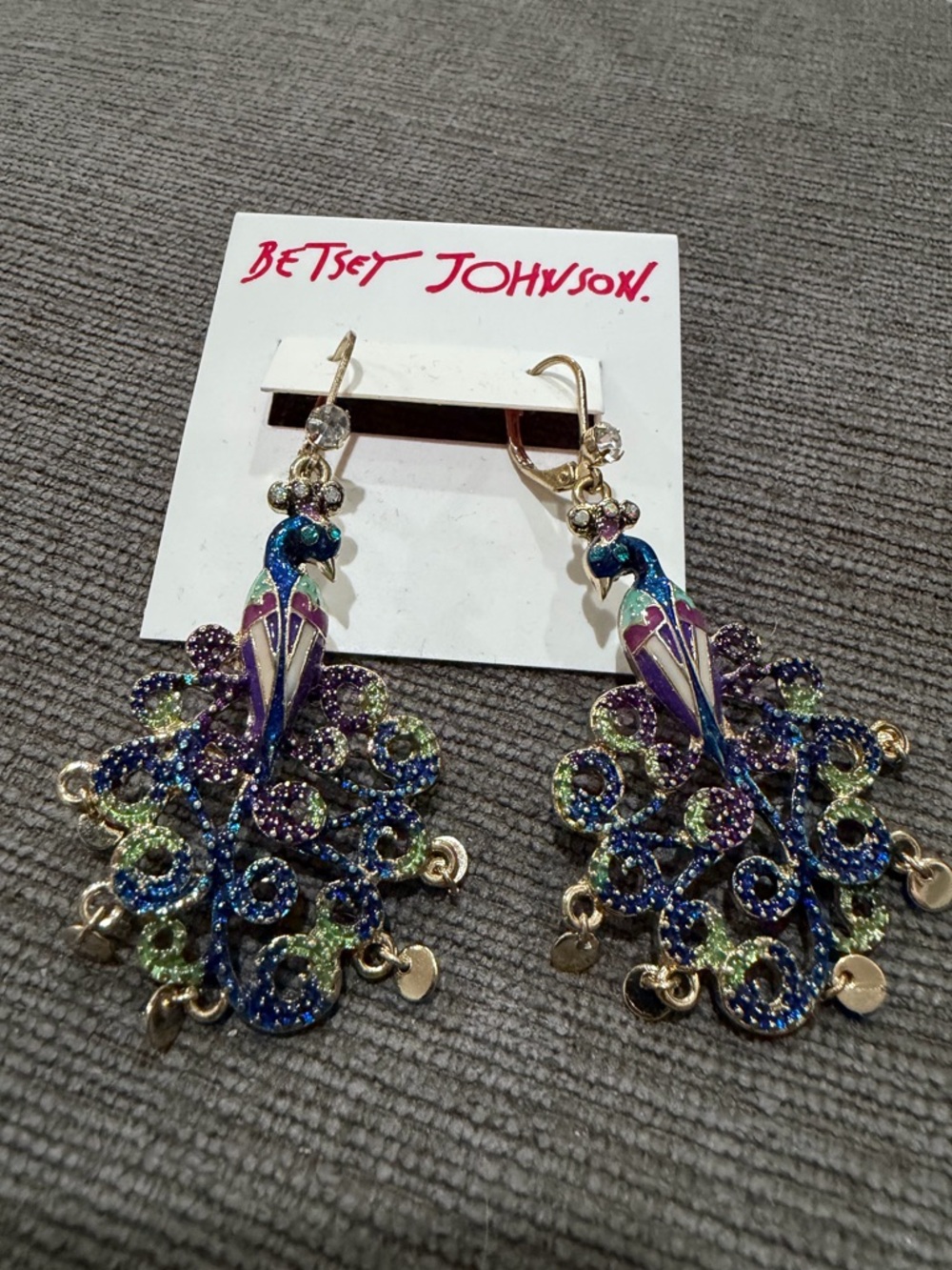 Betsey Johnson Blue Purple Green Peacock Drop Earrings